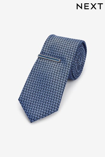 Dusky Blue Slim Textured Tie And Clip (N00386) | £14