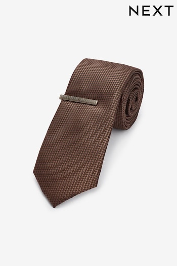 Brown Slim Textured Tie And Clip (N00387) | £14