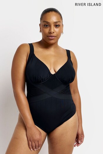 River Island Black Plus Wrap Elastic Plunge Swimsuit (N00394) | £39
