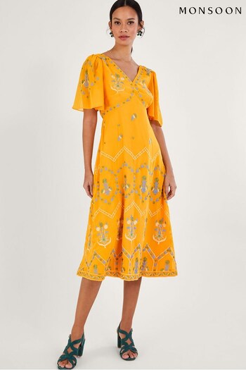 Monsoon Yellow Margo Embroidered Tea Dress in Recycled Polyester (N00465) | £175