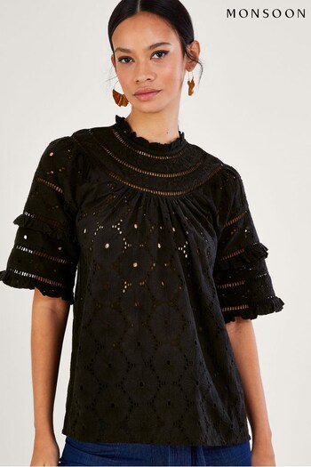 Monsoon Ruffle Trim Black Embroidered Top (N00466) | £65