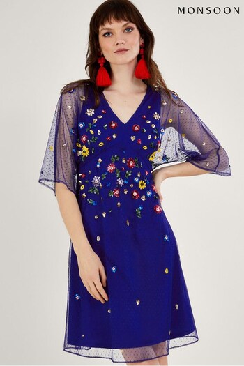 Monsoon Blue Stephanie Embellished Dress (N00470) | £150