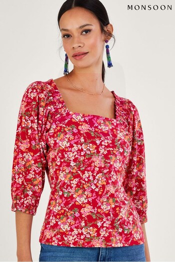 Monsoon Red Ditsy Floral Print Top in Linen Blend (N00476) | £45