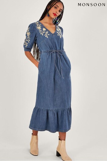 Monsoon Blue Embroidered Denim Midi V-Neck Dress (N00483) | £80