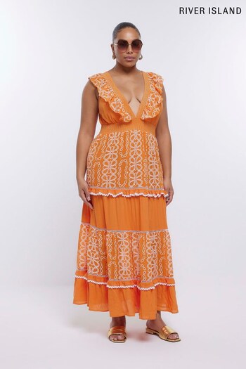 River Island Orange Plus Frill Print Midaxi Dress (N00488) | £49