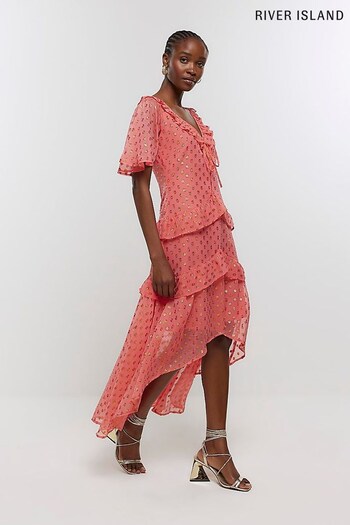 River Island Pink Metallic Spot Midi Dress (N00519) | £79