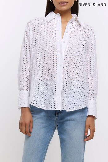 River Island Oversized Broiderie White Shirt (N00550) | £45