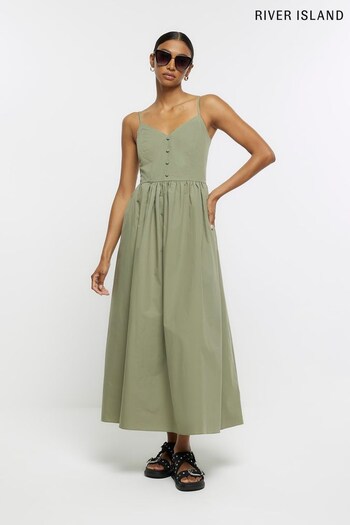 River Island Khaki Green Prom Poplin Midi Dress (N00571) | £40
