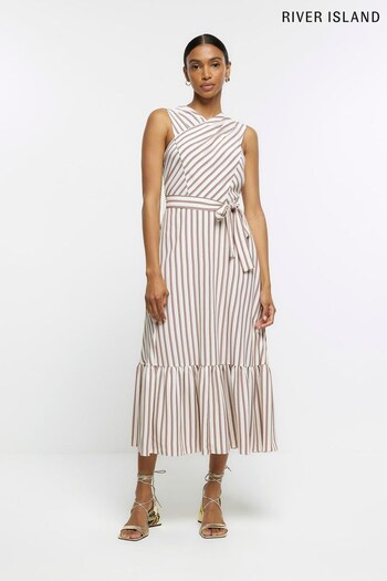River Island Brown Cross Front Belted Midi Dress (N00600) | £49