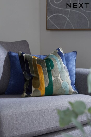 Navy Blue Square - Feather Filled Retro Cut Velvet Cushion (N00755) | £28