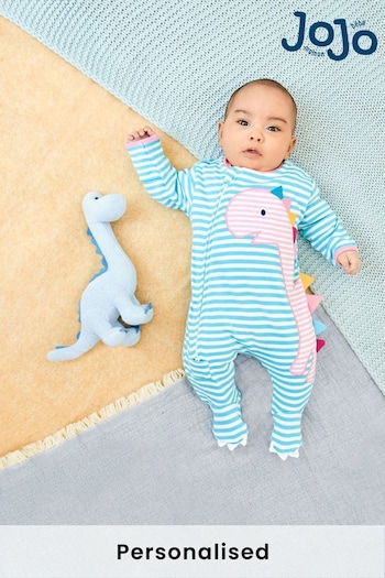JoJo Maman Bébé Blue/Pink Dino Personalised Appliqué Cotton Zip Baby Sleepsuit (N00955) | £28