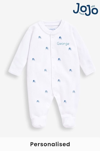 JoJo Maman Bébé Blue Elephant Personalised Embroidered Cotton Baby Sleepsuit (N00959) | £27