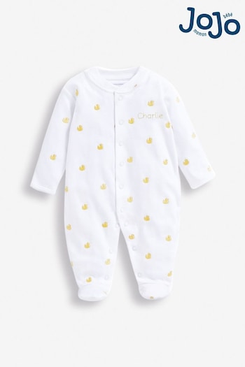 JoJo Maman Bébé Yellow Duck Personalised Embroidered Cotton Baby Sleepsuit (N00960) | £27