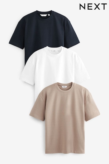 White/Navy Blue/Stone Natural Relaxed Fit Heavyweight T-Shirts 3 Pack (N00988) | £42