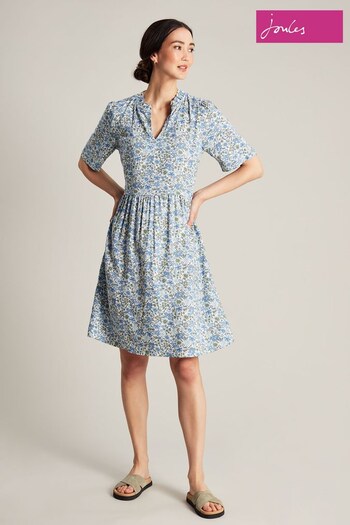 Joules Lotty Blue Frill Neckline Short Dress (N01045) | £27