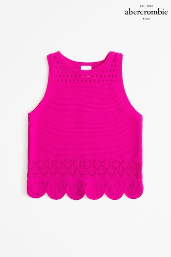 Abercrombie & Fitch Pink Crochet Knitted Tank Top Vest With Flower Hem Detail (N01169) | £29
