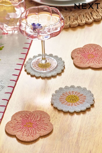 Set of 4 Pink Floral Beaded Coasters (N01267) | £14