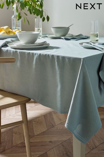 Sage Green Linen-Look Cotton Table Cloth with Edge Trim Detail (N01271) | £28 - £36
