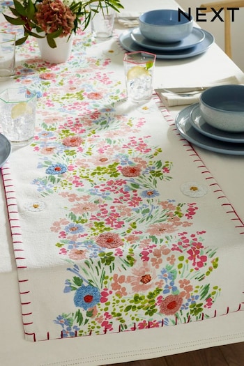 Pink Embroidered Lisse Floral Kitchen Table Runner (N01272) | £40