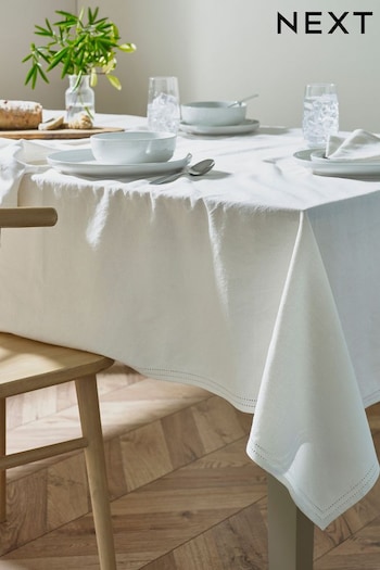White Linen-Look Cotton Table Cloth with Edge Trim Detail (N01280) | £28 - £36