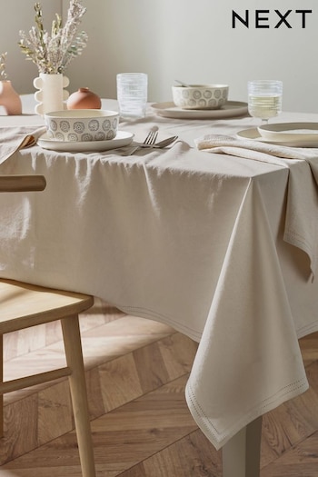 Natural Linen-Look Cotton Table Cloth with Edge Trim Detail (N01282) | £28 - £36