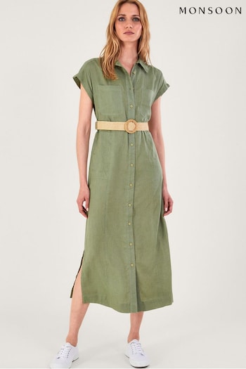 Monsoon Green Belted Midi Dress in Linen Blend (N01285) | £75