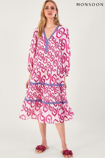 Monsoon Pink Geometric Print Kaftan Dress in Sustainable Cotton (N01286) | £75