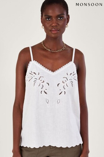Monsoon White Cutwork Embroidery Cami Top in Linen Blend (N01291) | £45