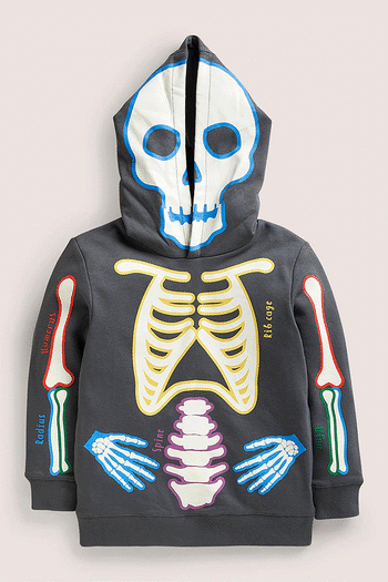 Boden Grey Halloween Glow In The Dark Skeleton Hoodie (N01318) | £34 - £39