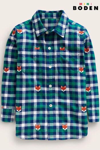 Boden Green Embroidered Fox Checked Flannel Shirt (N01319) | £29 - £34