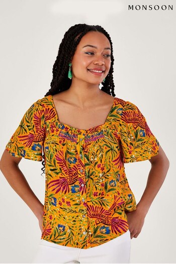 Monsoon Yellow Floral and Palm Print Short Sleeve Top in LENZING™ ECOVERO™ (N01366) | £50