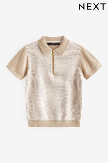 Neutral Zip Knitted Short Sleeve Geo Pattern Polo Shirt (3-16yrs) (N01370) | £14 - £19