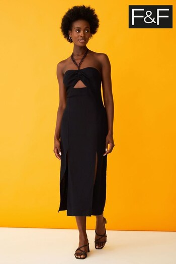 F&F Linen Rich Halter Chain Midi Black Dress (N01702) | £31