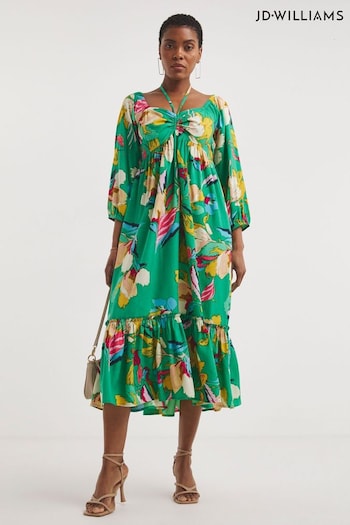 JD Williams Green Print Smock Sundress With Neck Tie (N01747) | £38