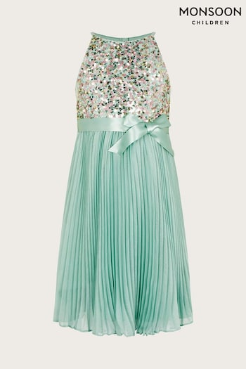 Monsoon Green Disco Sequin Truth Pleated Dress (N01817) | £47 - £51