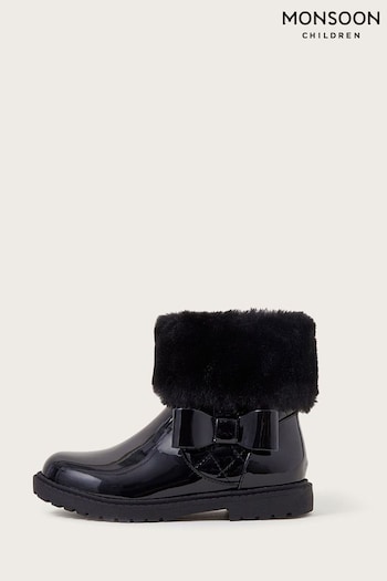 Monsoon Stacey Patent Faux Fur Trim Black Boots (N01838) | £38 - £42