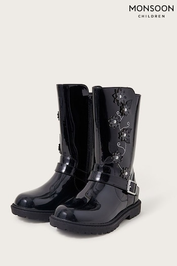 Monsoon Flower Detail Riding Black Boots (N01841) | £40 - £44