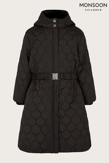 Monsoon Quilted Belted Longline Black Coat with Hood (N01855) | £62 - £72