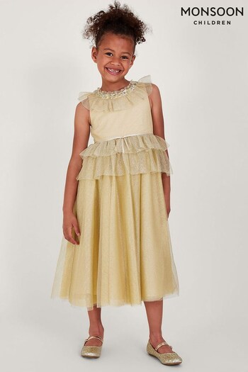 Monsoon Gold Land of Wonder Alexandra Mesh Ruffle Maxi Dress (N01907) | £70 - £80
