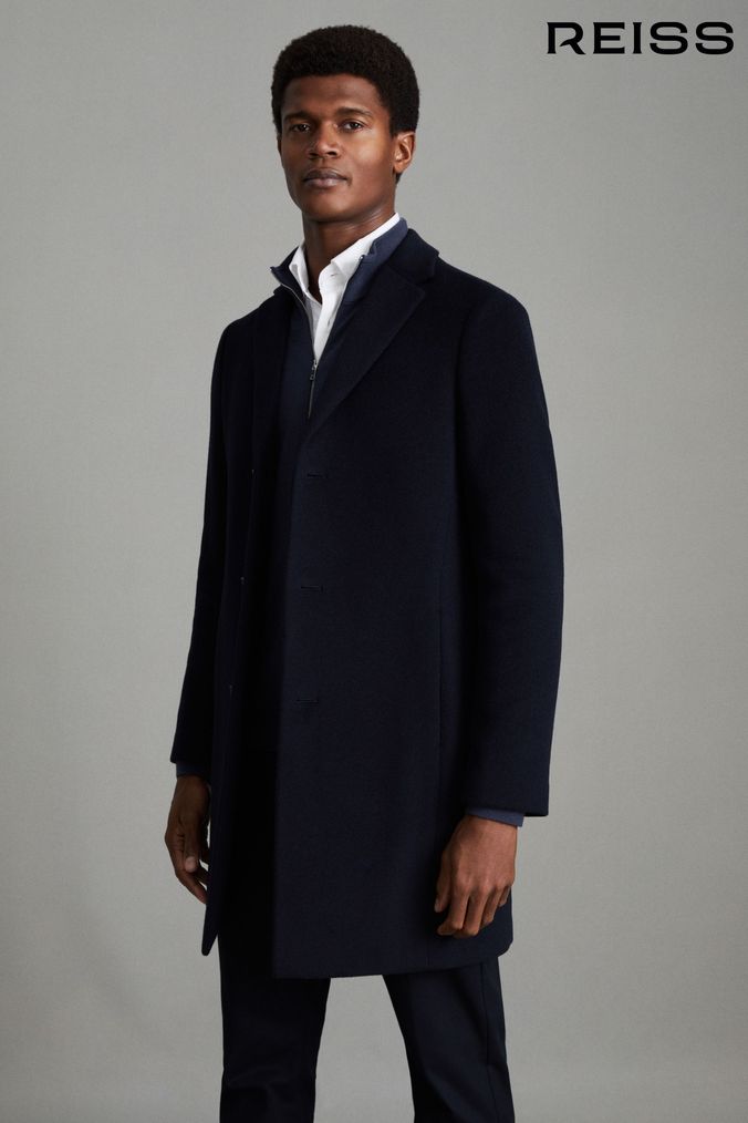Reiss Navy Gable Single Breasted Wool Overcoat (N02026) | £328