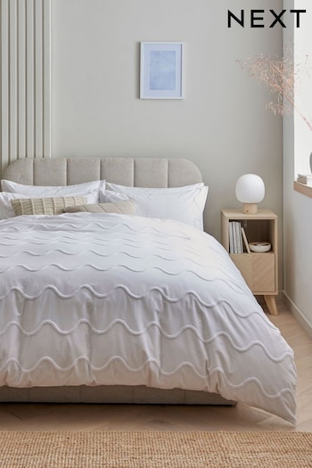 White Tufted Wave 100% Cotton Duvet Cover and Pillowcase Set (N02030) | £35 - £65