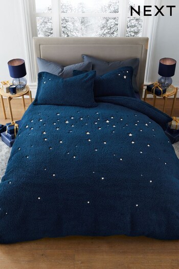 Navy Teddy Borg Fleece Embroidered Star Duvet Cover and Pillowcase Set (N02031) | £45 - £75