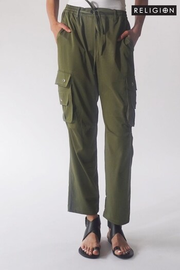 Religion Green Utility Inspired Trousers With Multiple Pockets In Soft Crepe (N02108) | £54