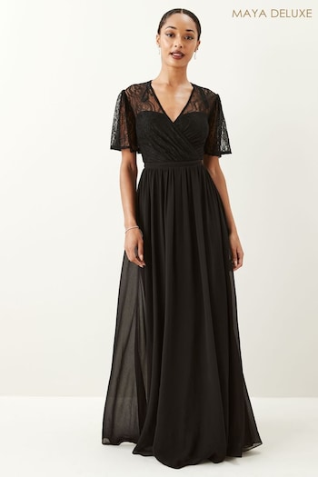 Maya Black Wrap Front Flutter Sleeve Lace Bodice Maxi Dress (N02133) | £85