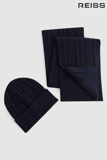 Reiss Navy Heath Senior Knitted Scarf and Beanie Hat Set (N02191) | £38