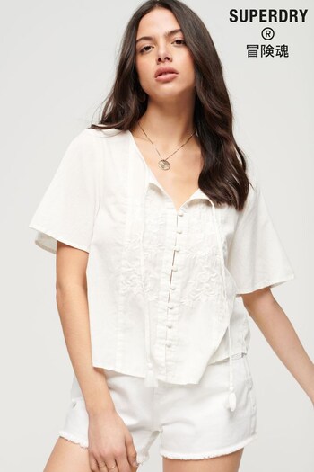 Superdry Cream Short Sleeve Embroidered Button Top (N02212) | £20