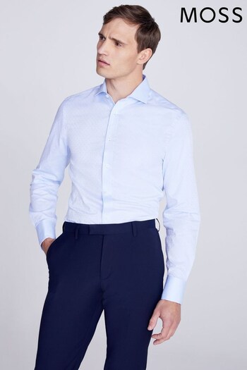 MOSS Tailored Fit Blue Dobby Double Cuff Shirt (N02344) | £25