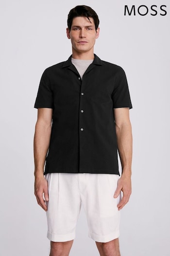 MOSS Navy Black Seersucker Cuban Collar Shirt (N02468) | £50
