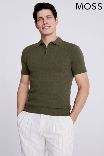 MOSS Olive Green Boucle Zip-Neck Polo Shirt (N02489) | £50