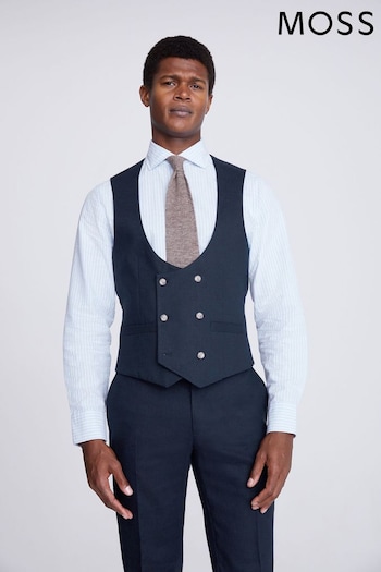 MOSS Slim Fit Navy Blue Matt Linen Waistcoat (N02495) | £90